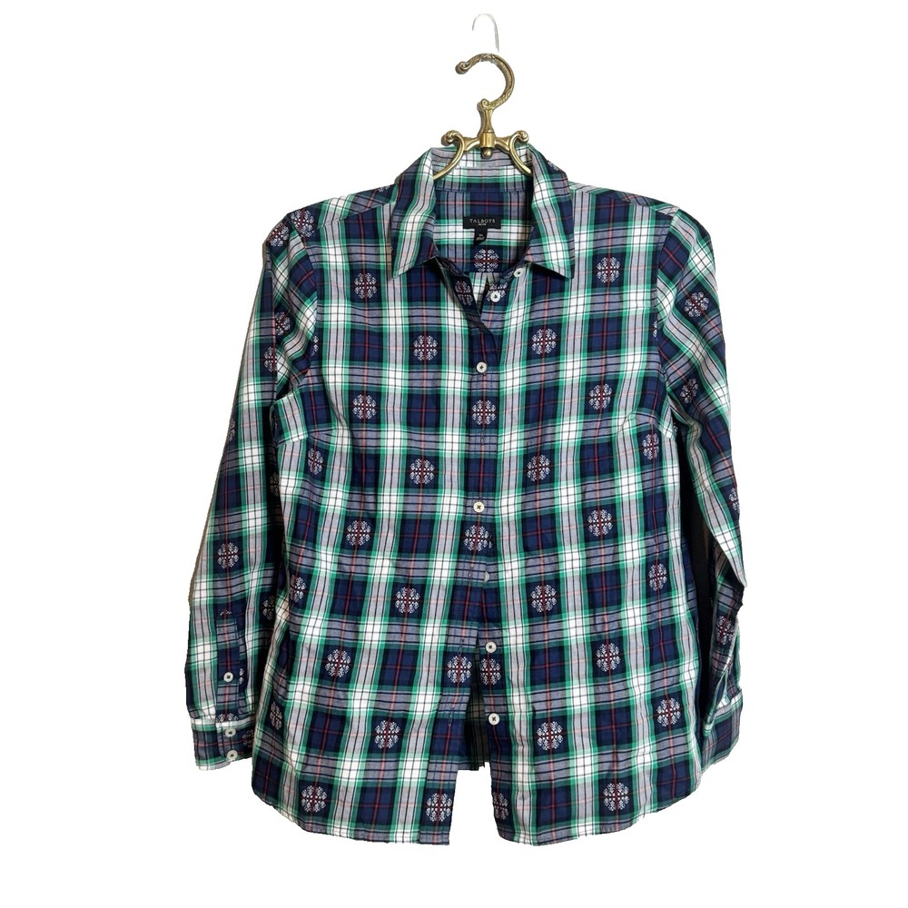 Talbots Women's Long Sleeve Blue Green Plaid Button Front Top Size SP